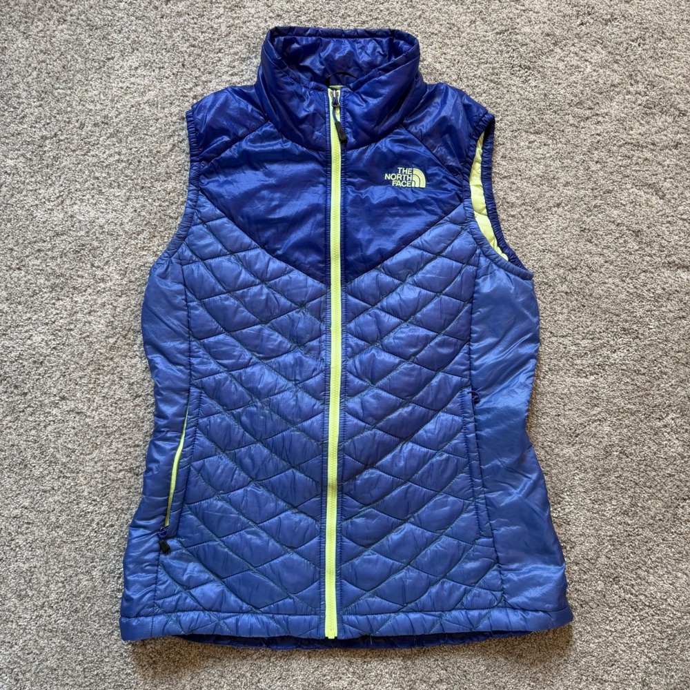 The North Face Womens Thermoball Quilted Puffer Vest Blue Lime Green Small